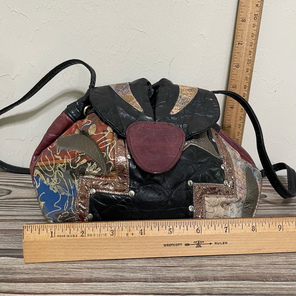 Leather Patchwork Crossbody Bag Drawstring Bucket… - image 12